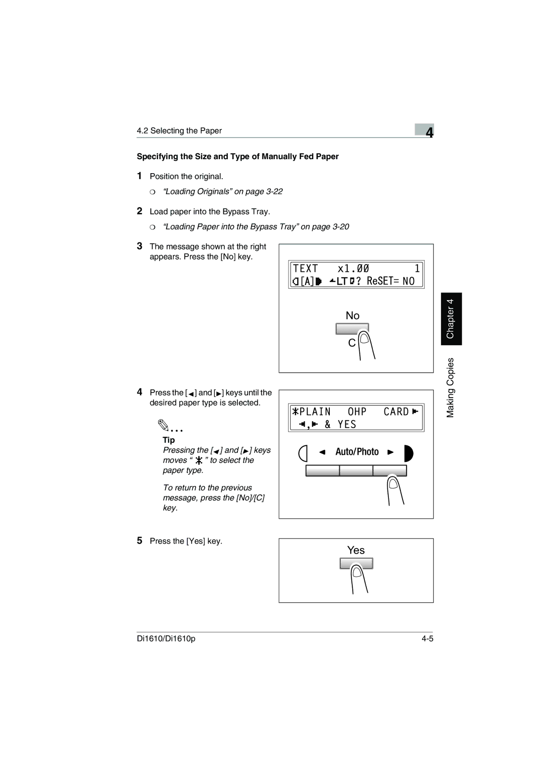 Konica Minolta Di1610p user manual Copies Chapter, Specifying the Size and Type of Manually Fed Paper 