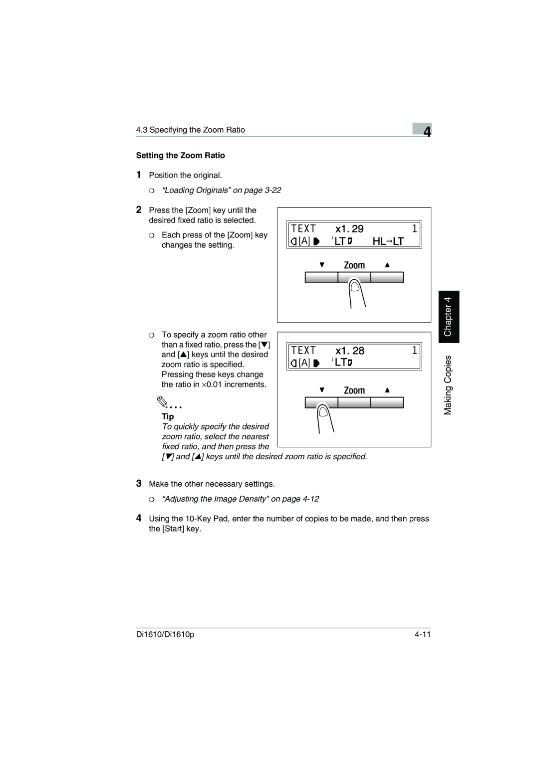 Konica Minolta Di1610p user manual Setting the Zoom Ratio, Tip 