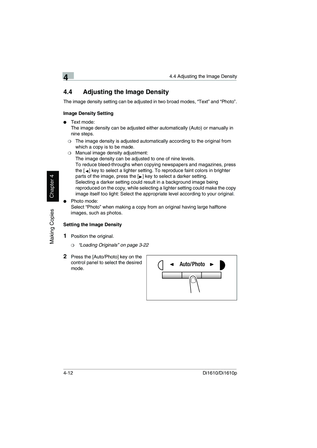 Konica Minolta Di1610p user manual Adjusting the Image Density, Image Density Setting, Setting the Image Density 