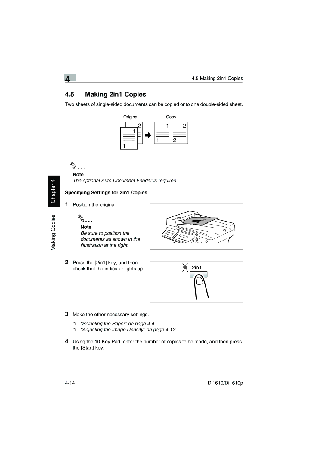 Konica Minolta Di1610p user manual Making 2in1 Copies, Specifying Settings for 2in1 Copies 