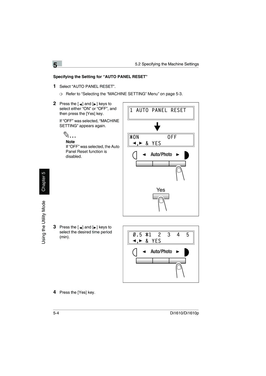 Konica Minolta Di1610p user manual Utility Mode Chapter, Specifying the Setting for Auto Panel Reset 