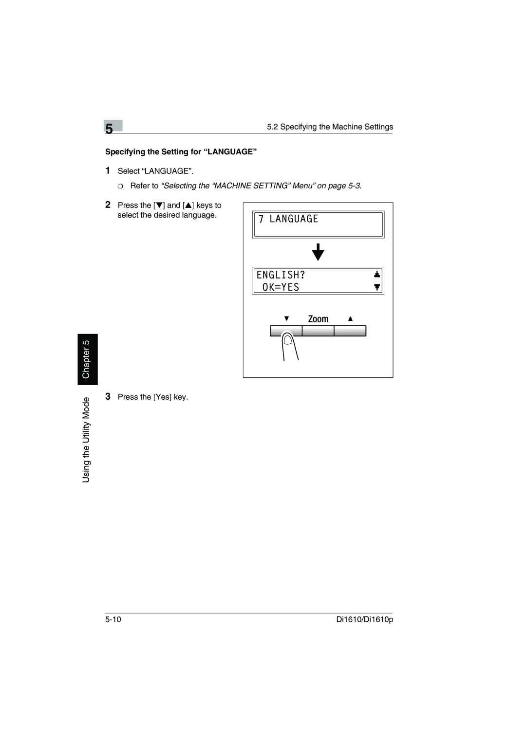 Konica Minolta Di1610p user manual Specifying the Setting for Language 