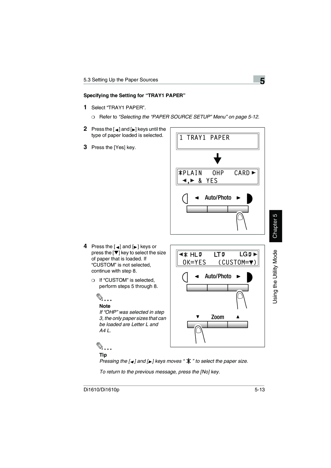 Konica Minolta Di1610p Specifying the Setting for TRAY1 Paper, Refer to Selecting the Paper Source Setup Menu on 