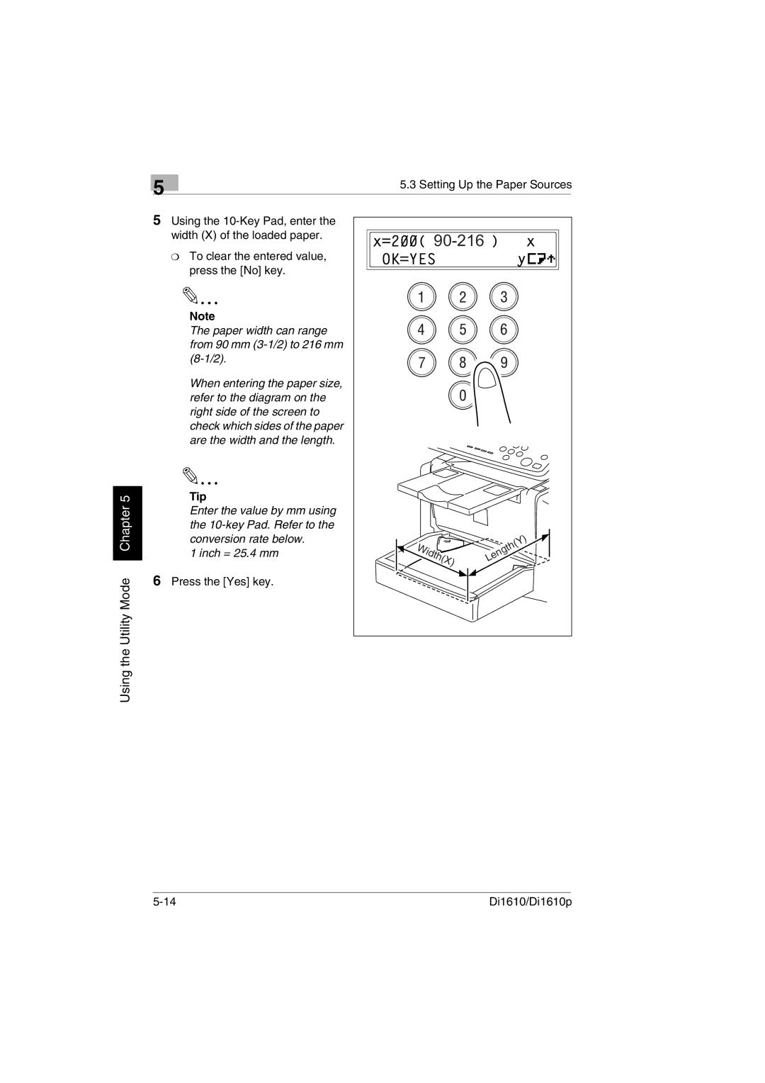 Konica Minolta Di1610p user manual Paper width can range from 90 mm 3-1/2 to 216 mm 8-1/2 