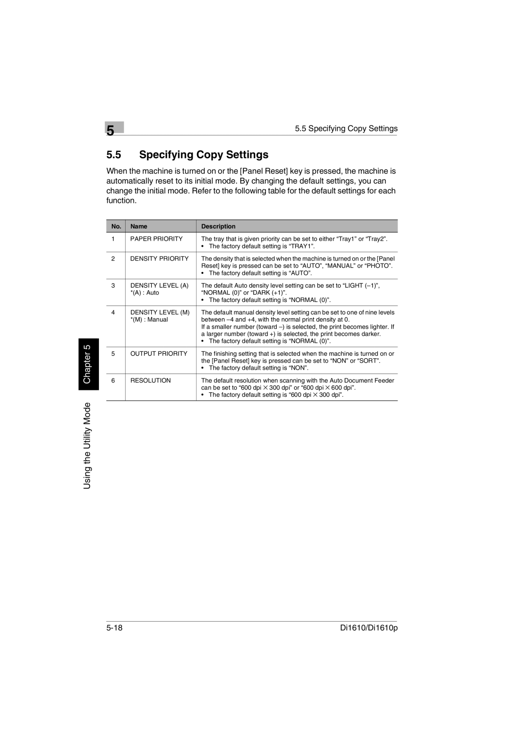 Konica Minolta Di1610p user manual Specifying Copy Settings, Paper Priority 