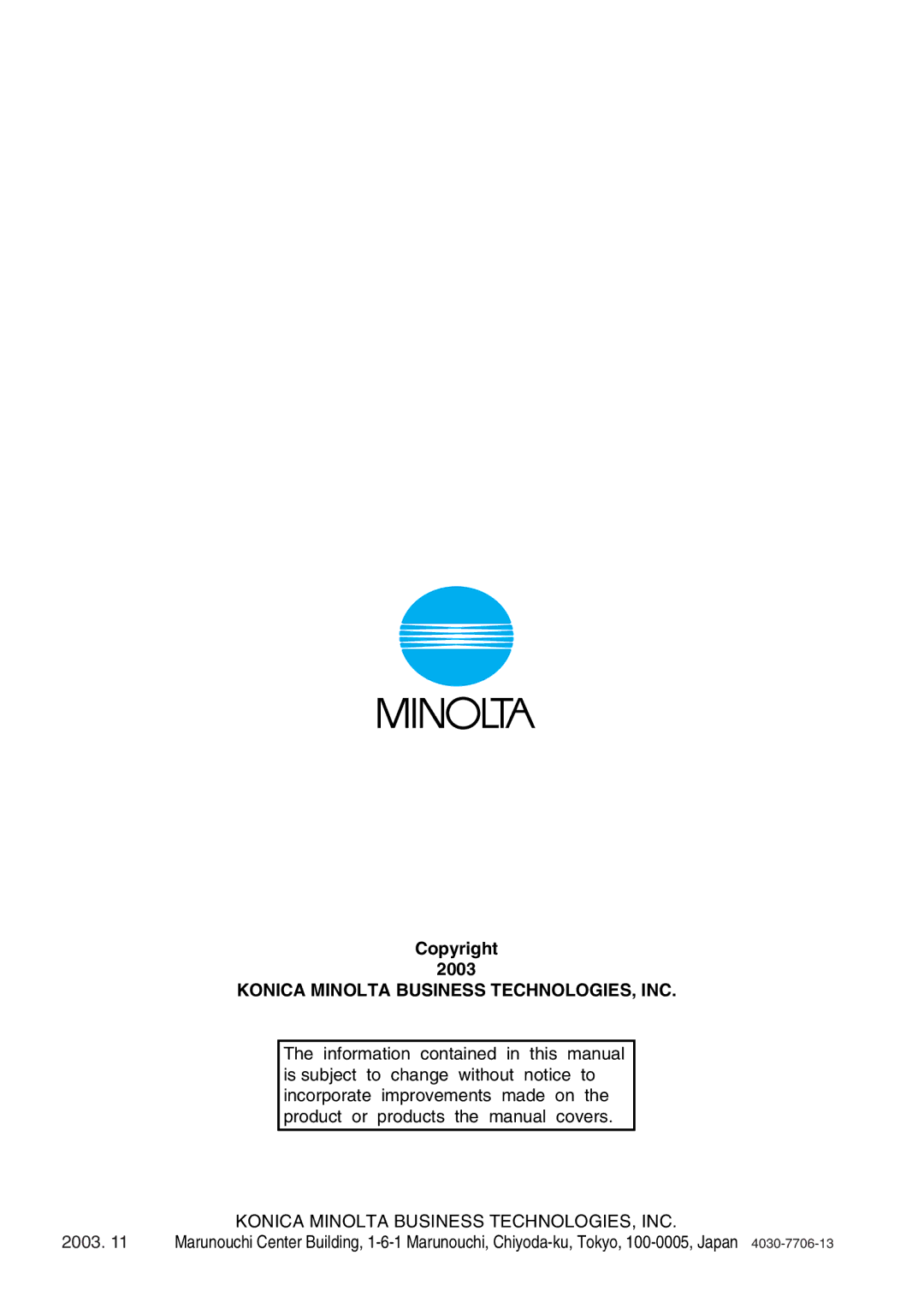 Konica Minolta Di2010 user manual Konica Minolta Business TECHNOLOGIES, INC 