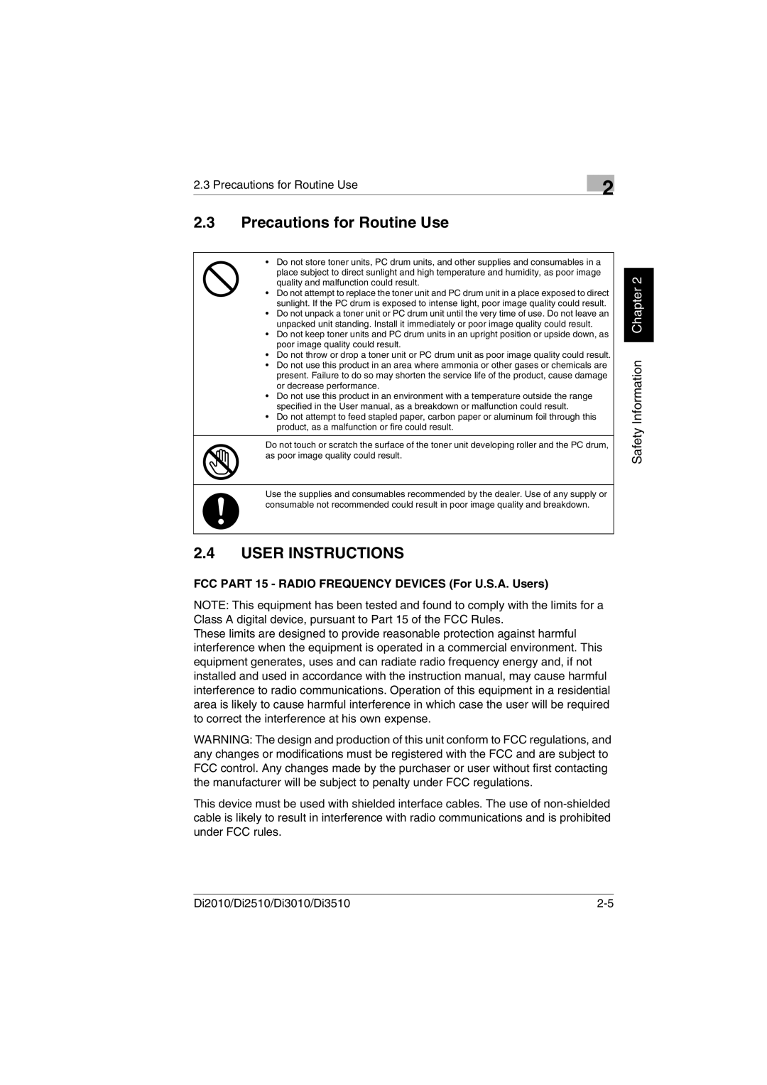 Konica Minolta Di2010 user manual Precautions for Routine Use, FCC Part 15 Radio Frequency Devices For U.S.A. Users 