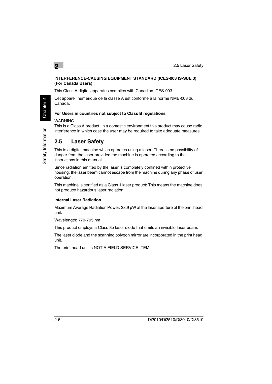 Konica Minolta Di2010 Laser Safety, For Users in countries not subject to Class B regulations, Internal Laser Radiation 