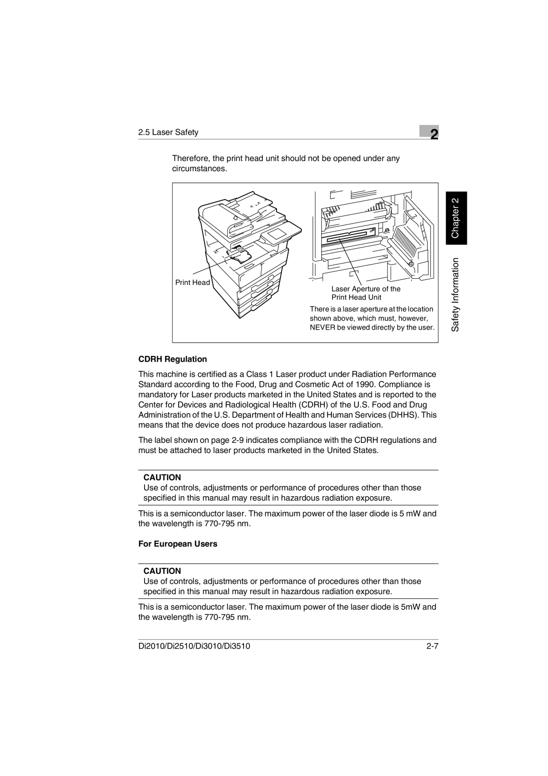 Konica Minolta Di2010 user manual Cdrh Regulation, For European Users 