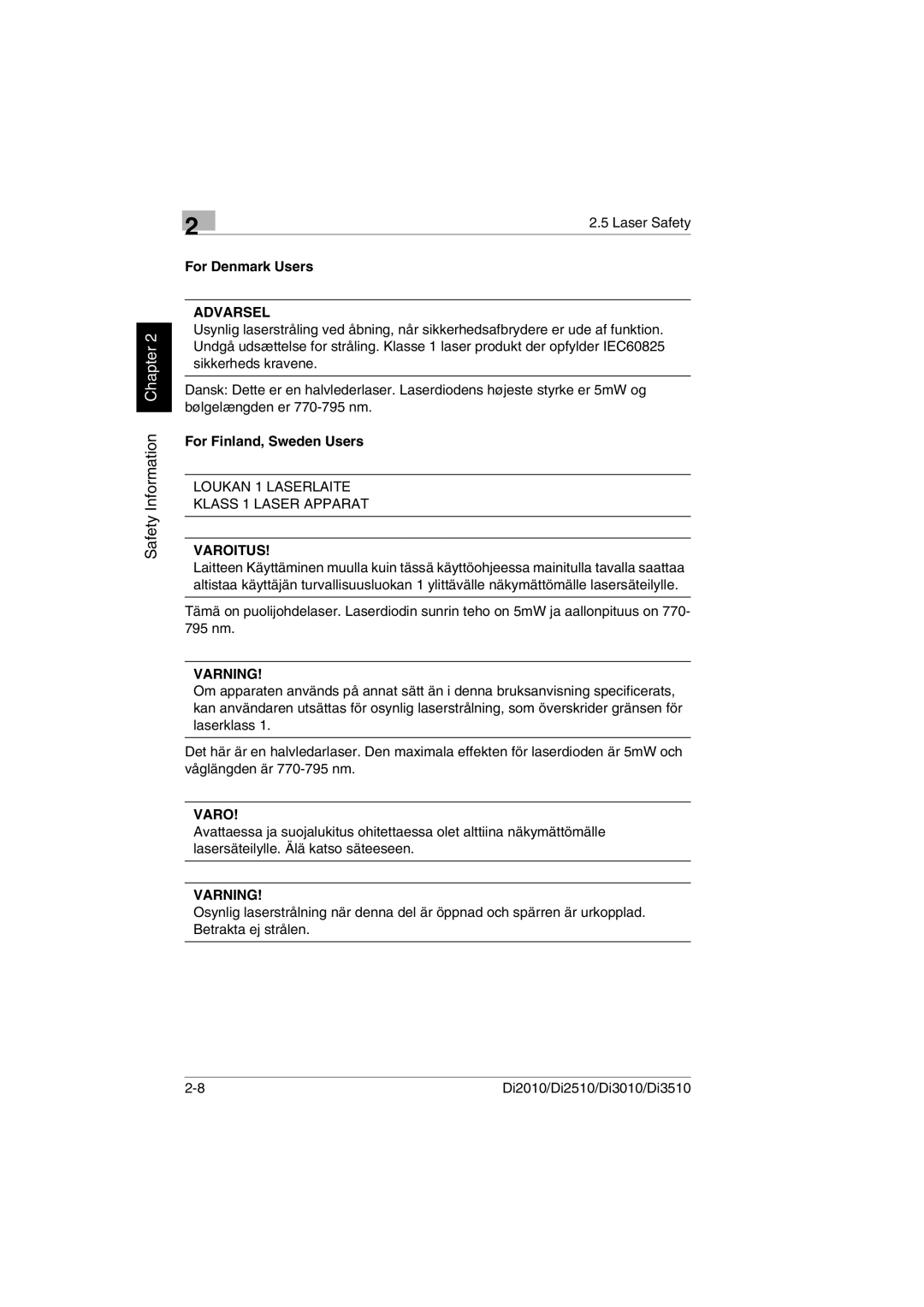 Konica Minolta Di2010 user manual For Denmark Users, For Finland, Sweden Users 