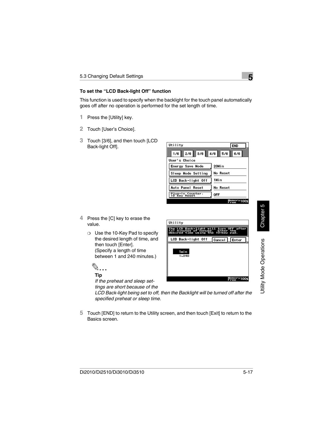 Konica Minolta Di2010 user manual To set the LCD Back-light Off function, Tip 