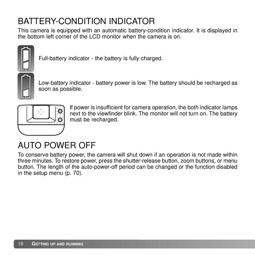 Konica Minolta DiMAGE G600 instruction manual BATTERY-CONDITION Indicator, Auto Power OFF 