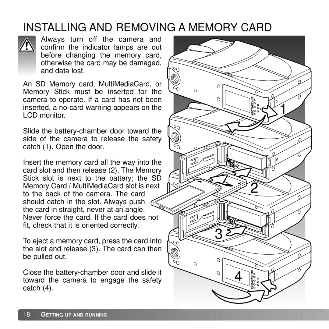 Konica Minolta DiMAGE G600 instruction manual Installing and Removing a Memory Card 