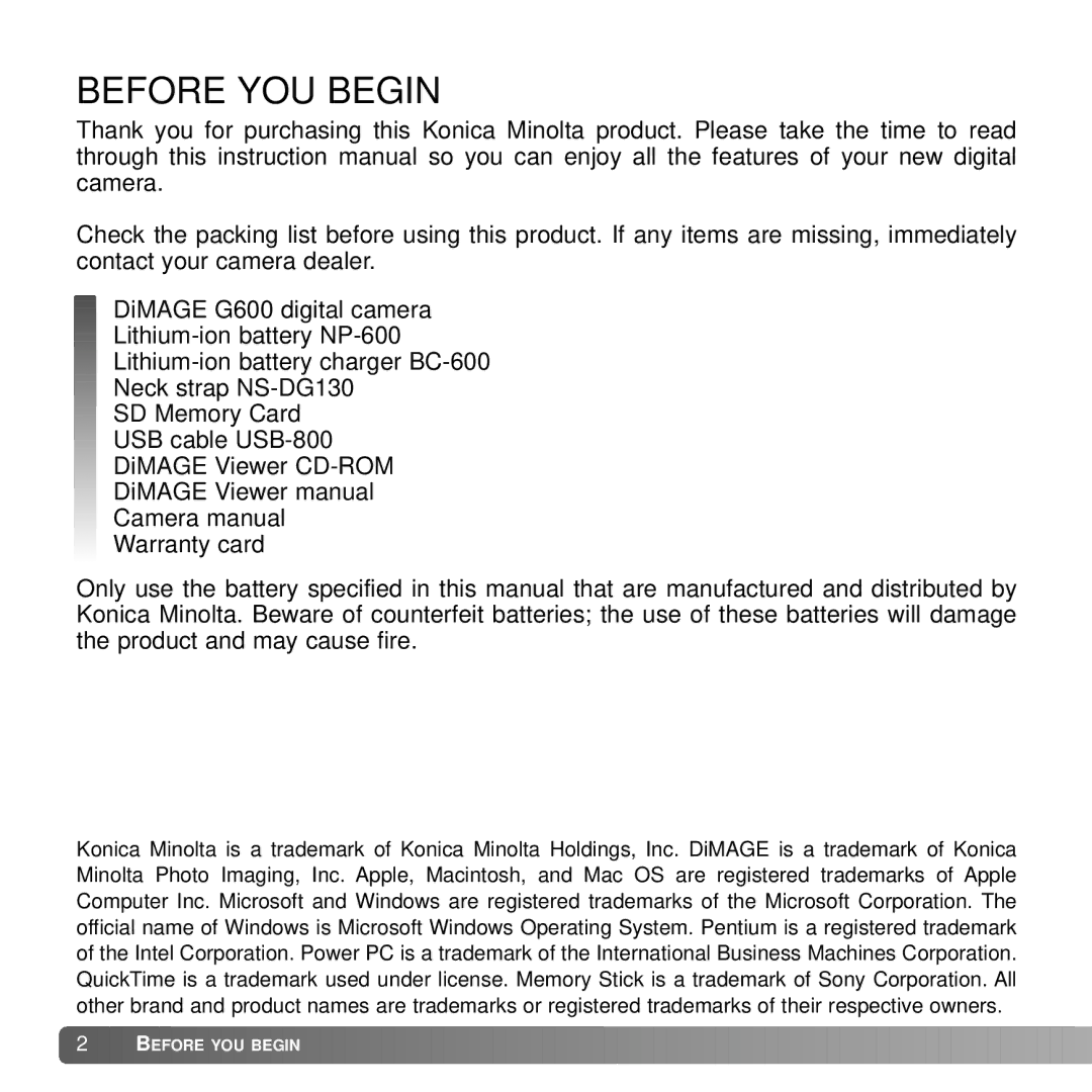 Konica Minolta DiMAGE G600 instruction manual Before YOU Begin 