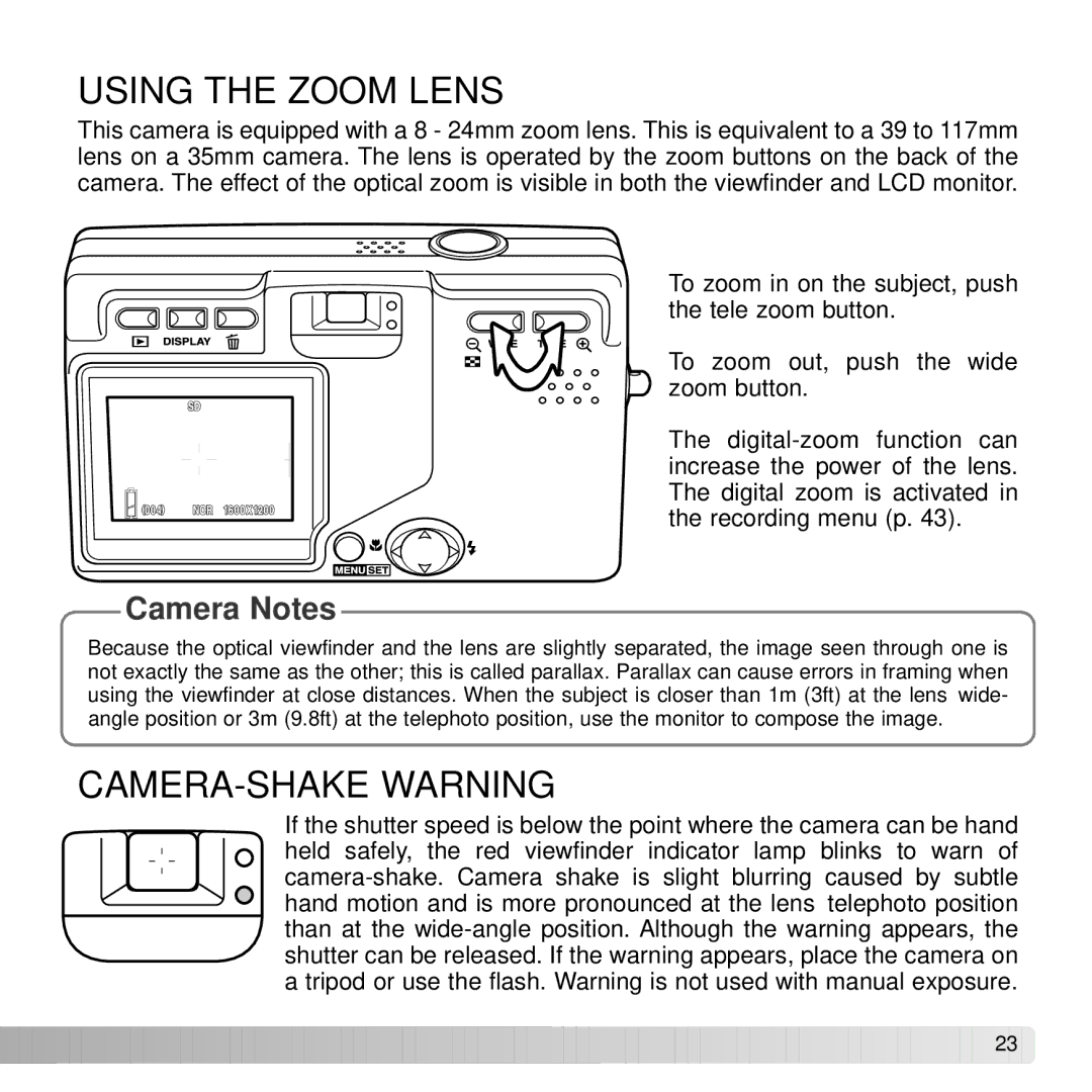 Konica Minolta DiMAGE G600 instruction manual Using the Zoom Lens, CAMERA-SHAKE Warning 