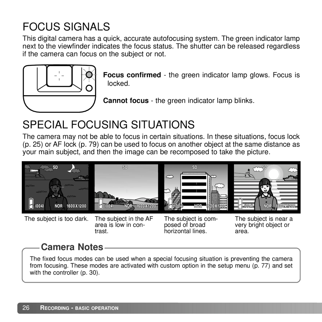 Konica Minolta DiMAGE G600 instruction manual Focus Signals, Special Focusing Situations 