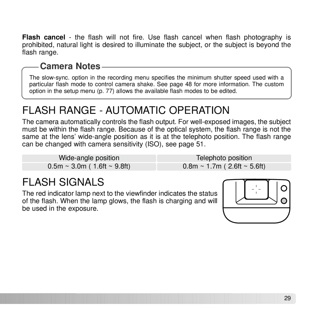 Konica Minolta DiMAGE G600 instruction manual Flash Range Automatic Operation, Flash Signals 