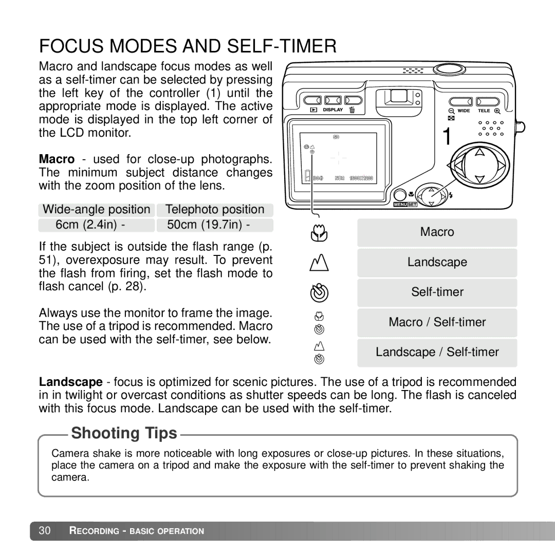 Konica Minolta DiMAGE G600 instruction manual Focus Modes and SELF-TIMER, Shooting Tips 