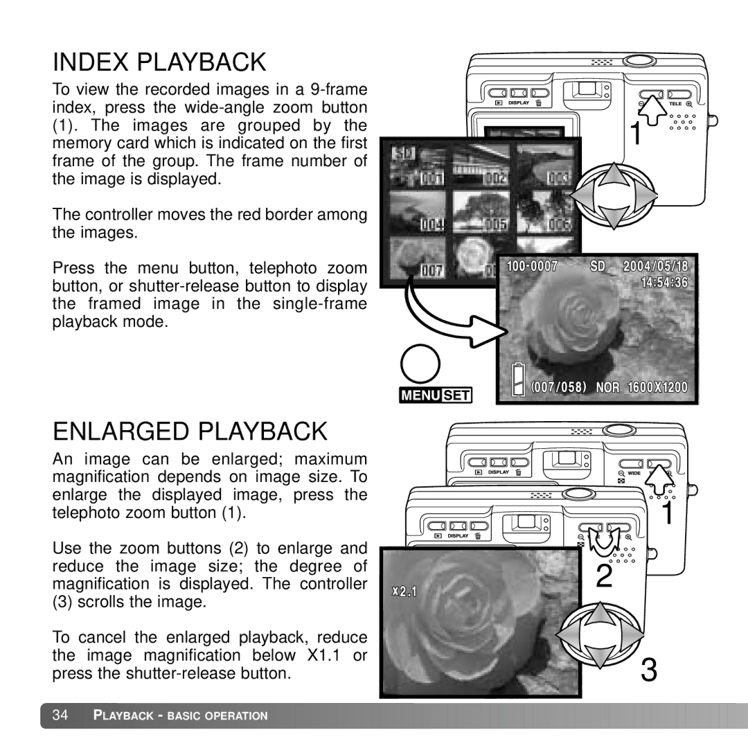 Konica Minolta DiMAGE G600 instruction manual Index Playback, Enlarged Playback 