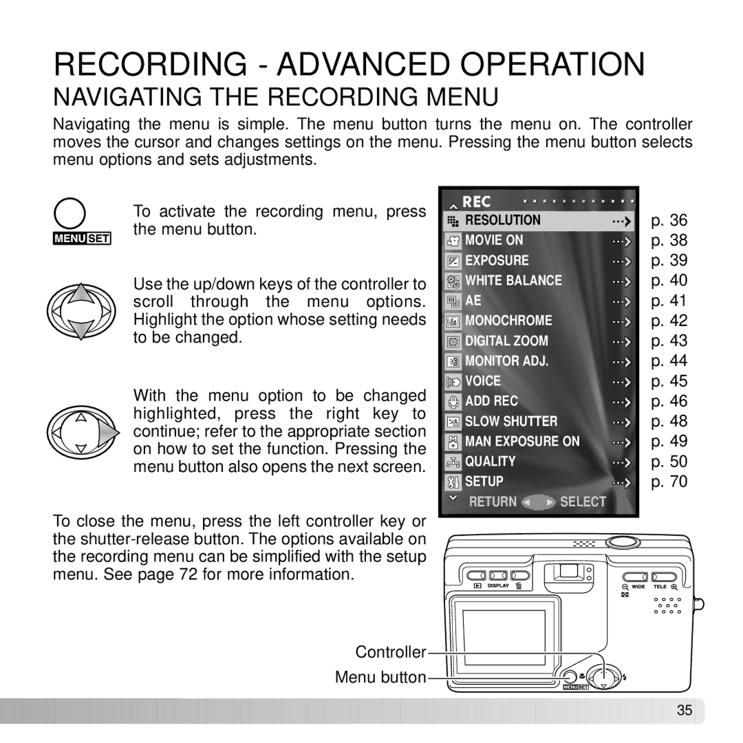 Konica Minolta DiMAGE G600 instruction manual Recording Advanced Operation, Navigating the Recording Menu 