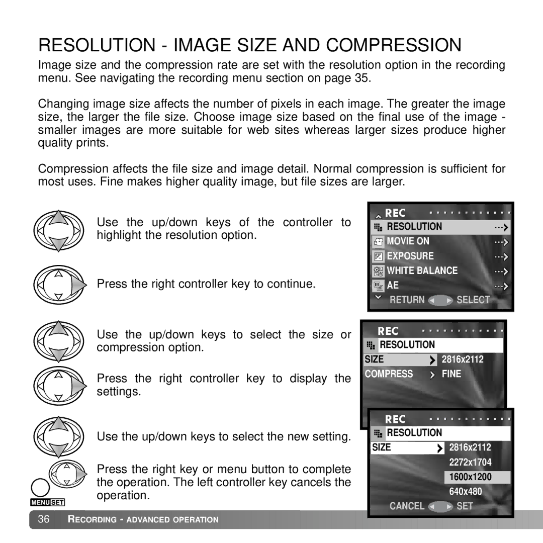 Konica Minolta DiMAGE G600 instruction manual Resolution Image Size and Compression 