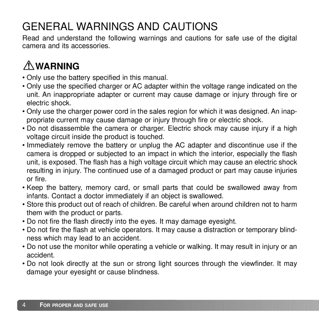 Konica Minolta DiMAGE G600 instruction manual General Warnings and Cautions 