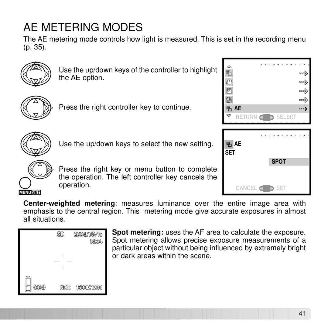 Konica Minolta DiMAGE G600 instruction manual AE Metering Modes 