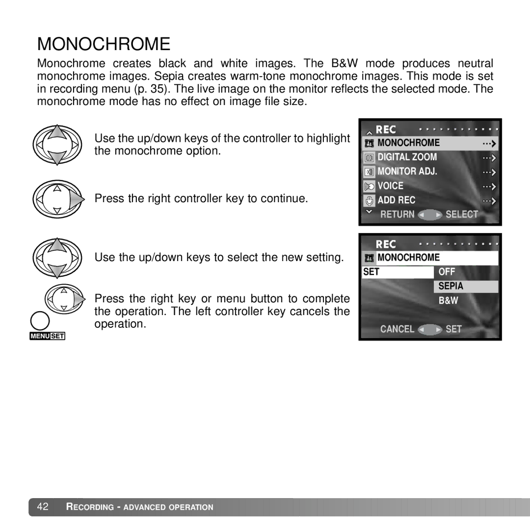 Konica Minolta DiMAGE G600 instruction manual Monochrome 