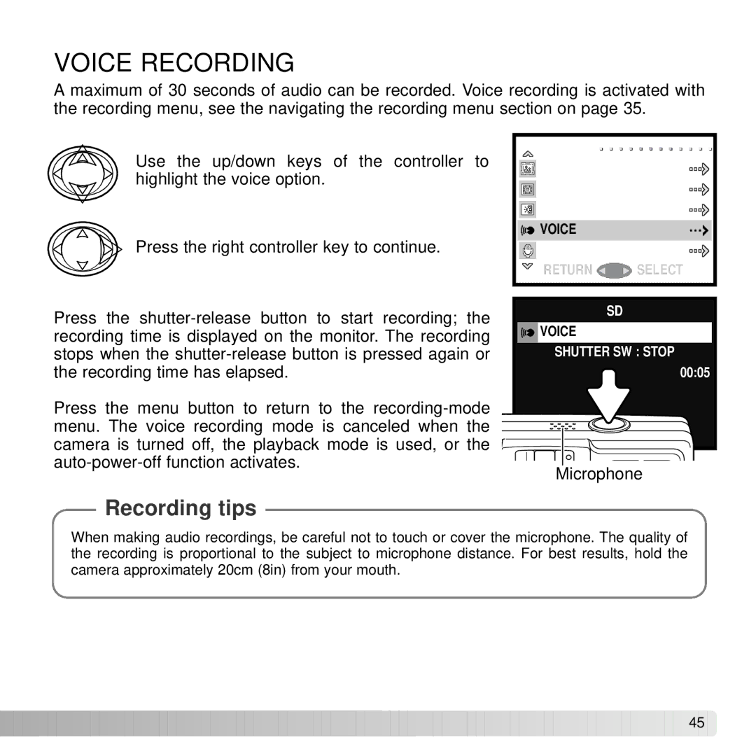 Konica Minolta DiMAGE G600 instruction manual Voice Recording, Recording tips 