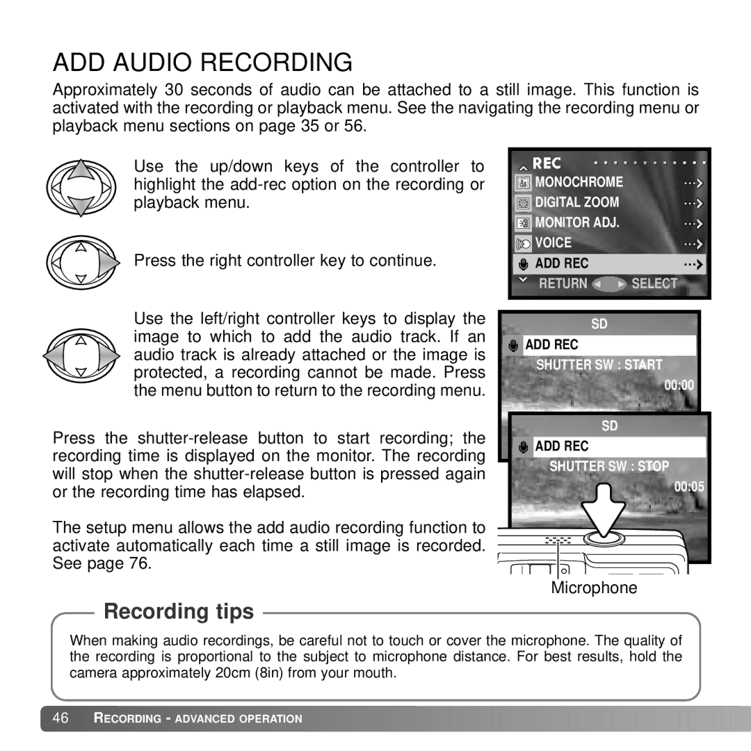 Konica Minolta DiMAGE G600 instruction manual ADD Audio Recording 