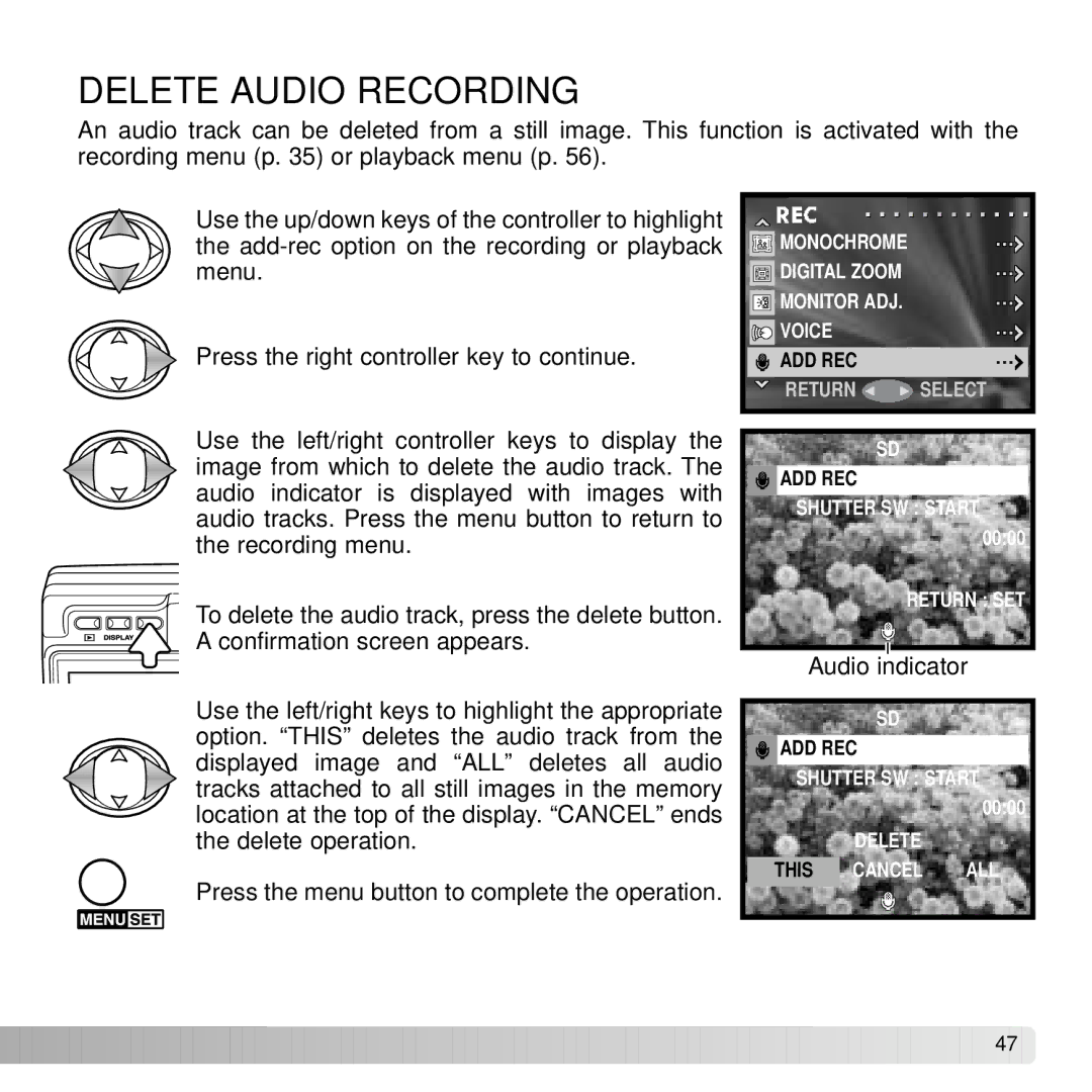 Konica Minolta DiMAGE G600 instruction manual Delete Audio Recording 