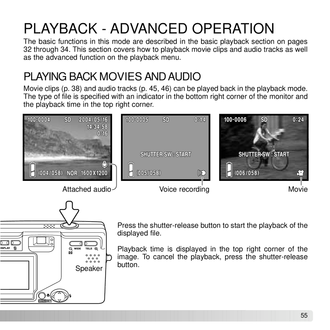 Konica Minolta DiMAGE G600 instruction manual Playback Advanced Operation, Playing Back Movies and Audio 