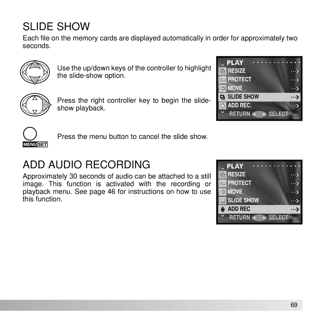 Konica Minolta DiMAGE G600 instruction manual Slide Show, ADD Audio Recording 