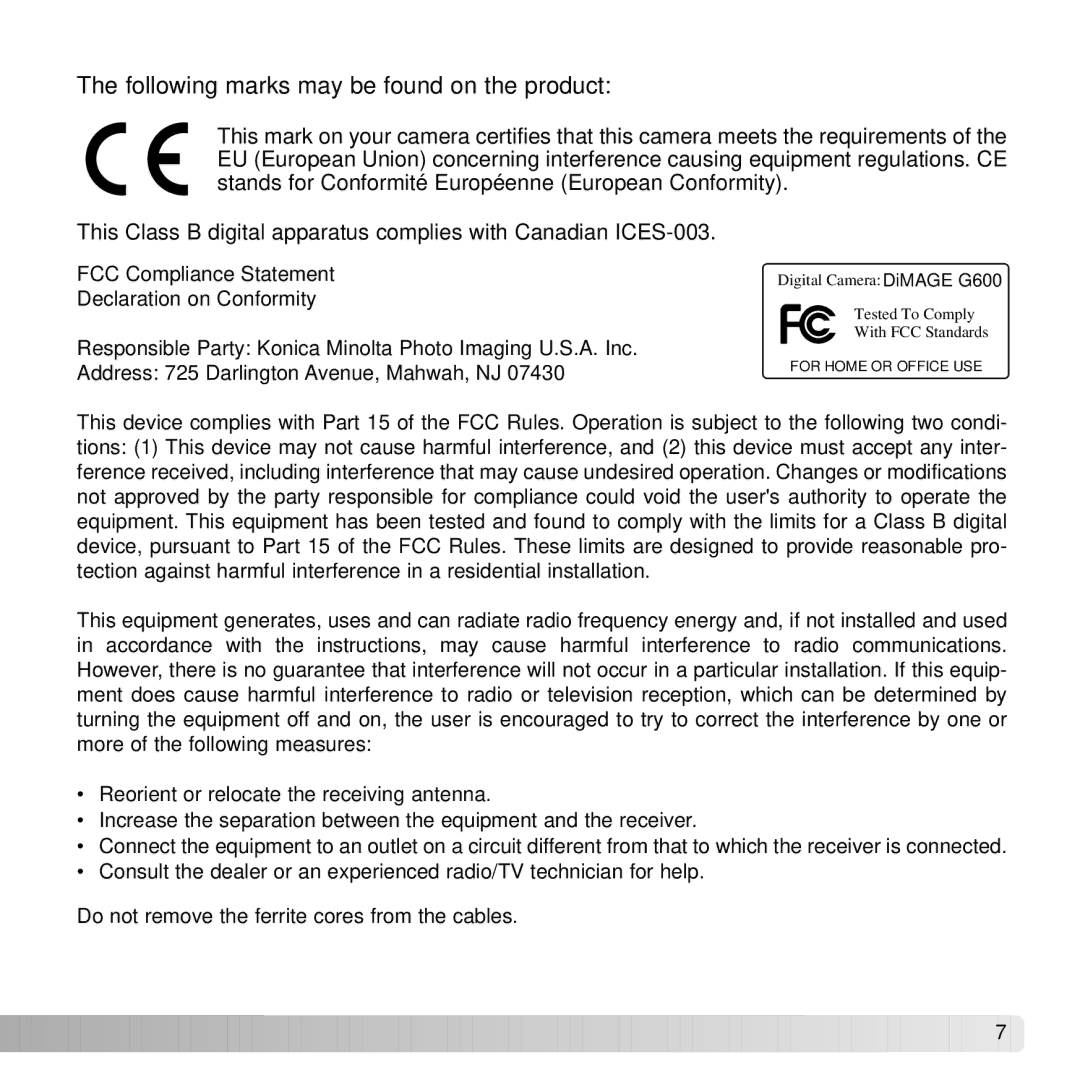 Konica Minolta DiMAGE G600 instruction manual Following marks may be found on the product 