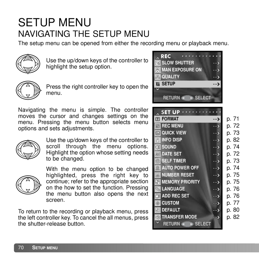 Konica Minolta DiMAGE G600 instruction manual Navigating the Setup Menu 