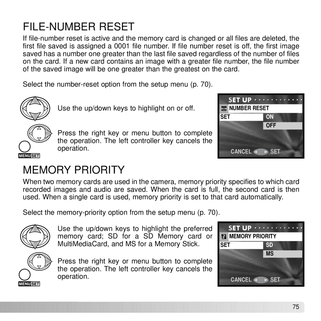 Konica Minolta DiMAGE G600 instruction manual FILE-NUMBER Reset, Memory Priority 