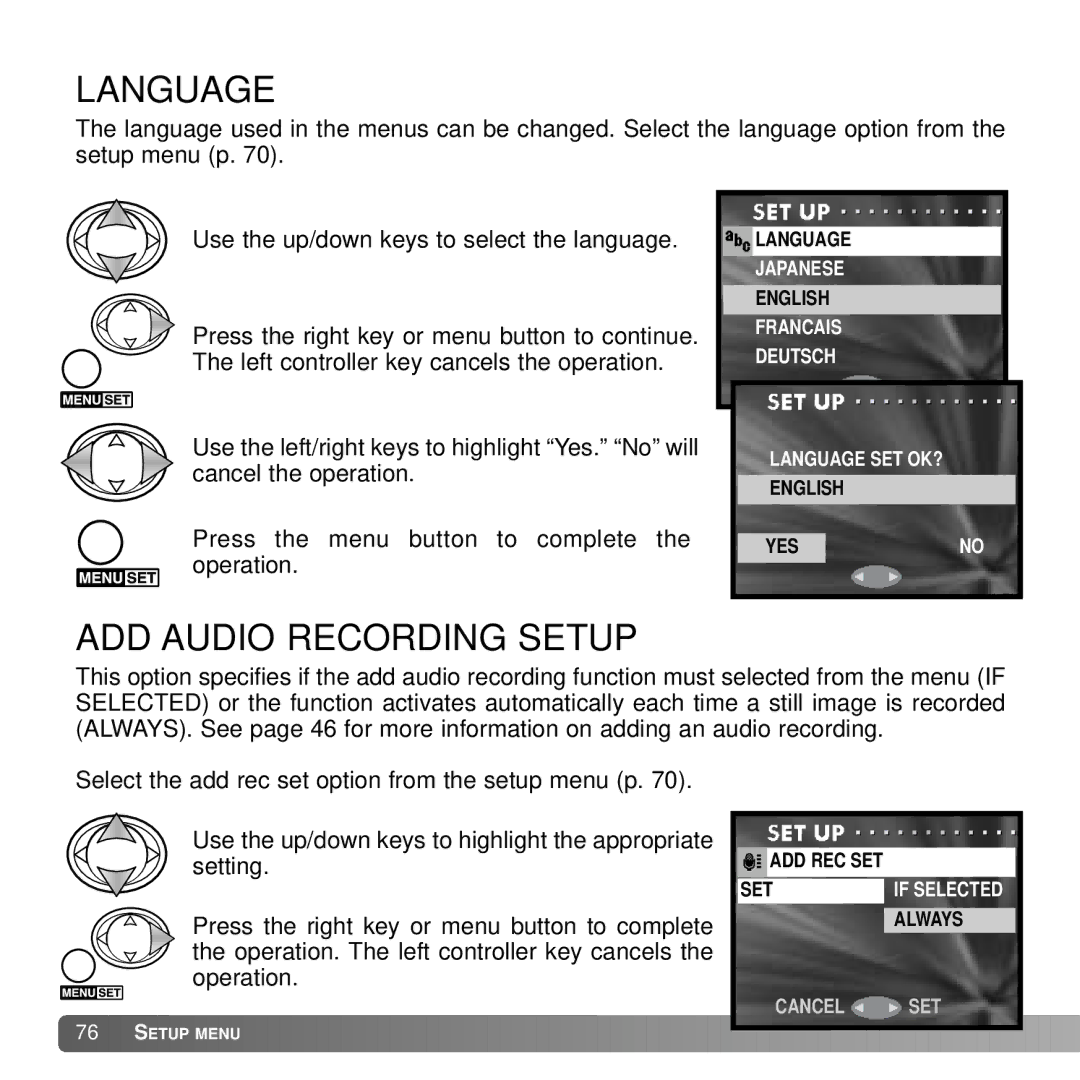 Konica Minolta DiMAGE G600 instruction manual Language, ADD Audio Recording Setup 