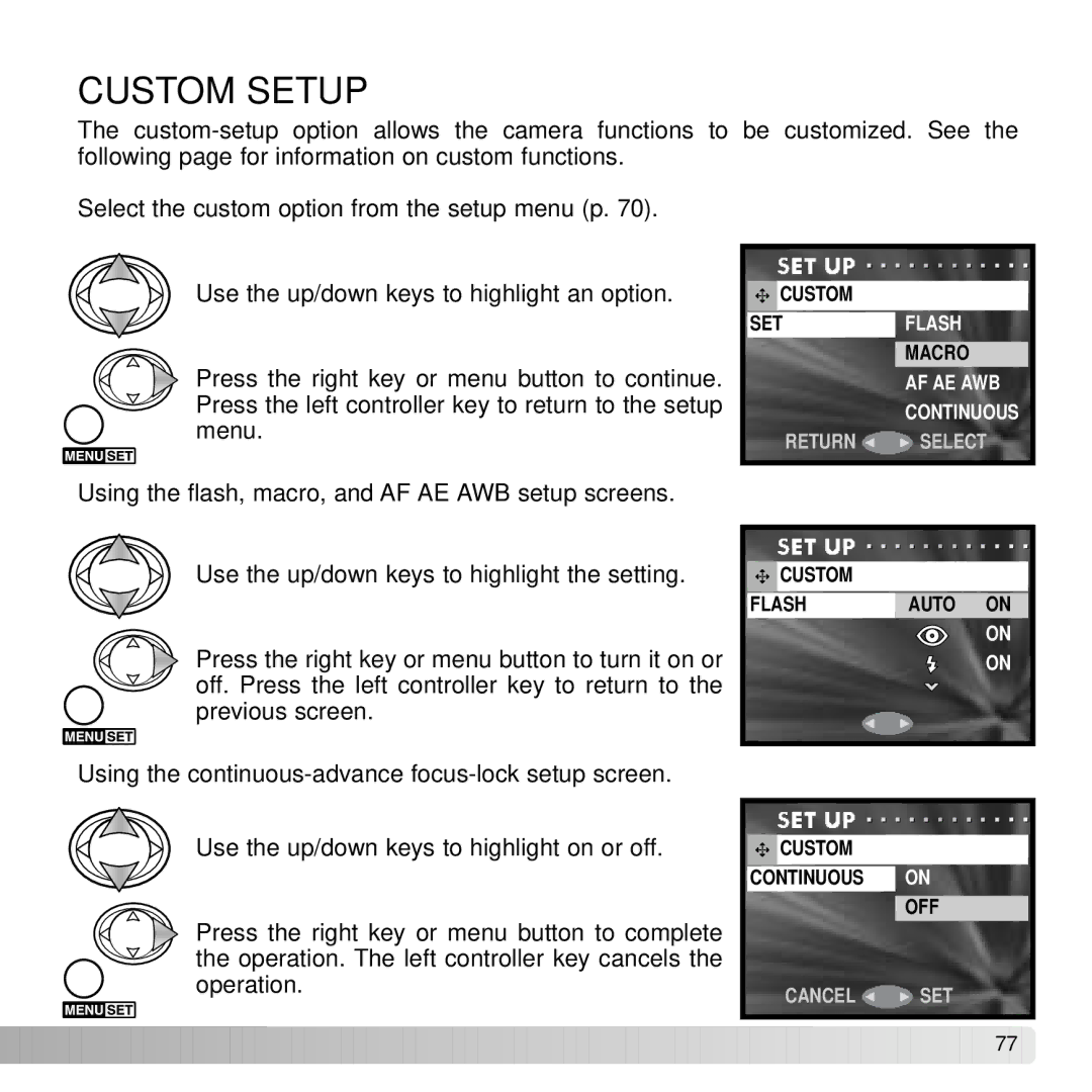 Konica Minolta DiMAGE G600 instruction manual Custom Setup 