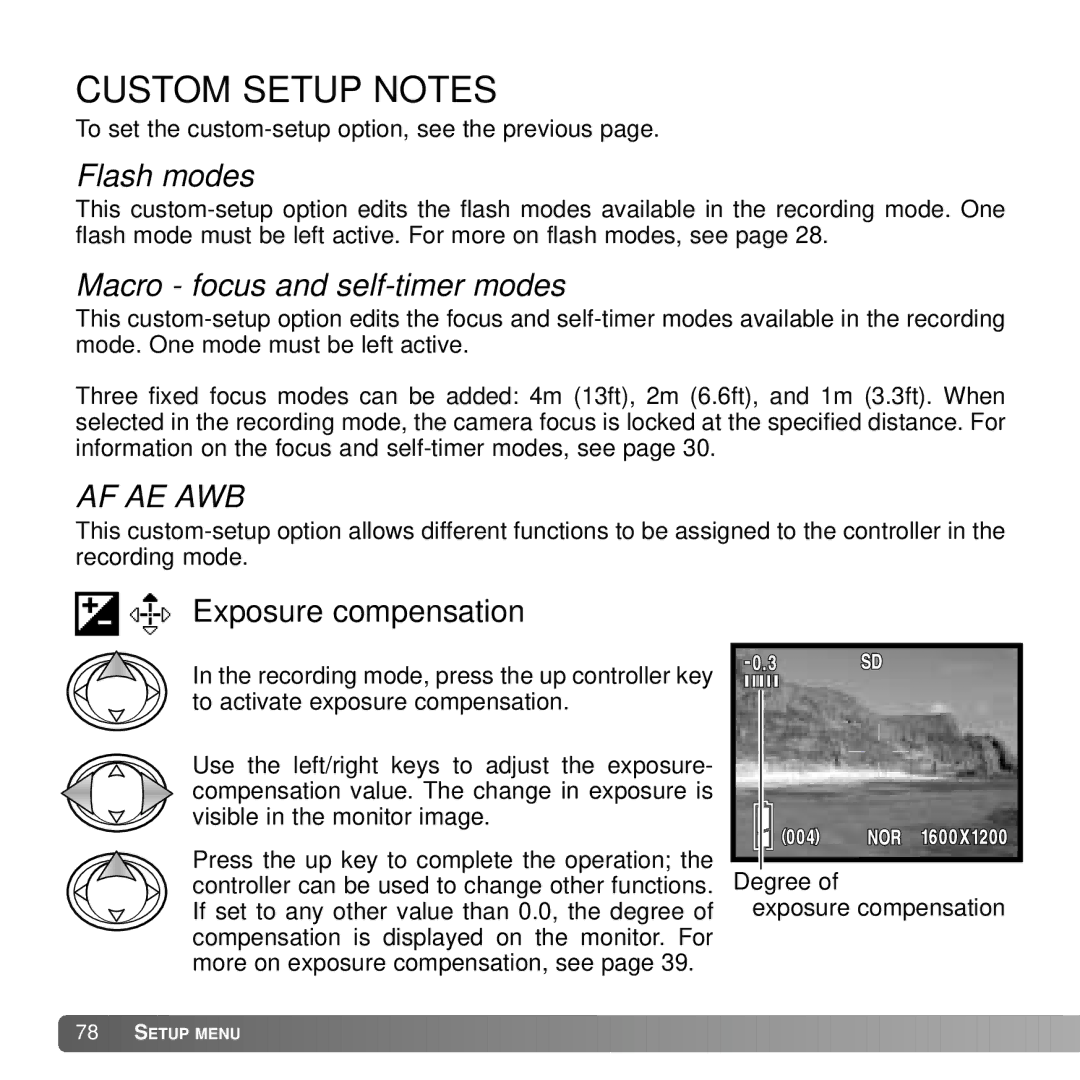 Konica Minolta DiMAGE G600 instruction manual Custom Setup Notes, Flash modes, Macro focus and self-timer modes 