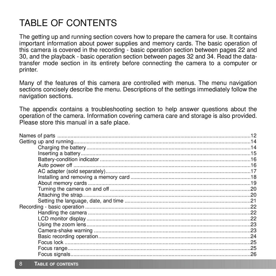 Konica Minolta DiMAGE G600 instruction manual Table of Contents 