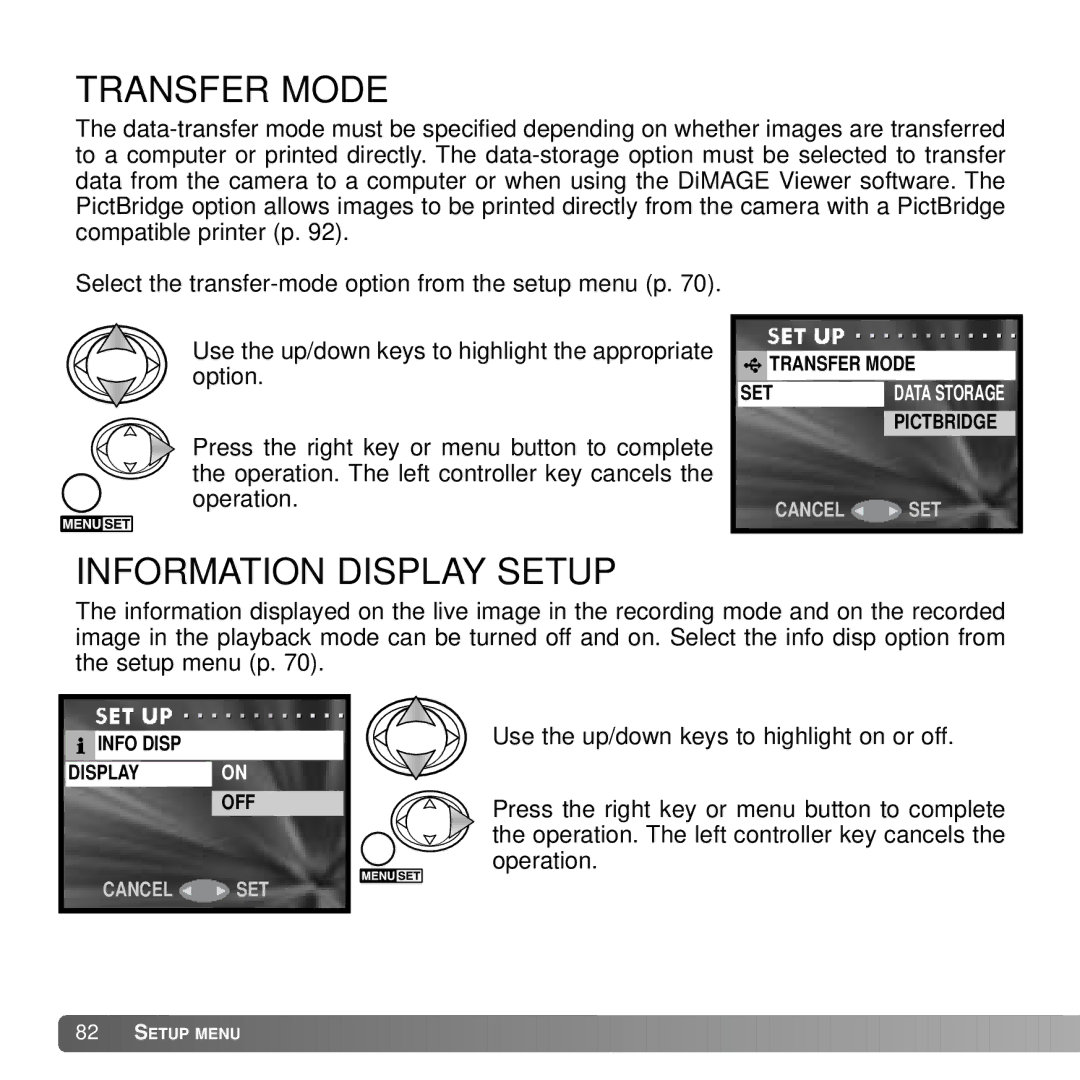 Konica Minolta DiMAGE G600 instruction manual Transfer Mode, Information Display Setup 