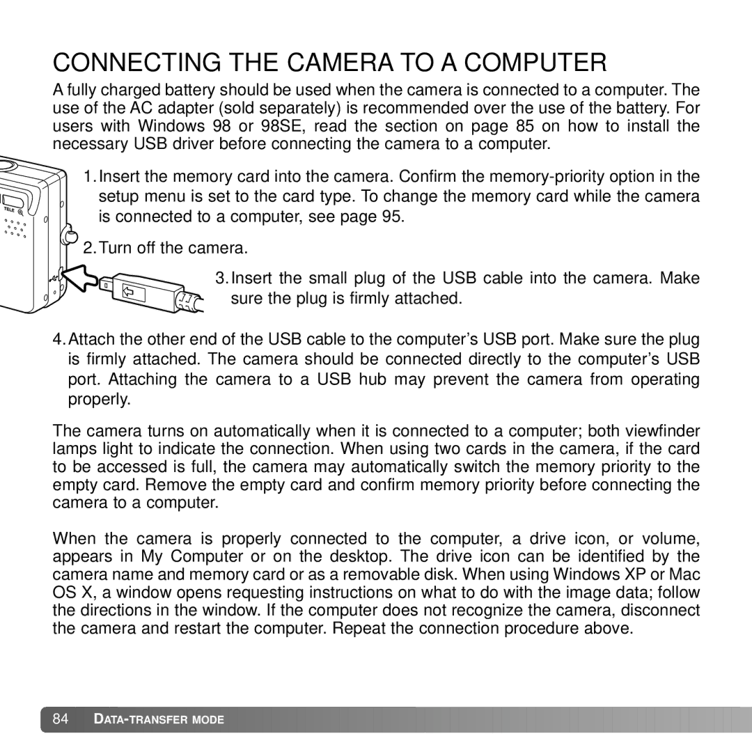 Konica Minolta DiMAGE G600 instruction manual Connecting the Camera to a Computer 