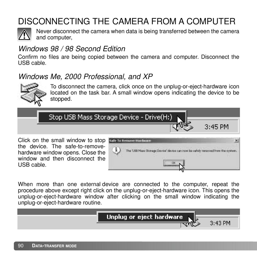 Konica Minolta DiMAGE G600 instruction manual Disconnecting the Camera from a Computer, Windows 98 / 98 Second Edition 