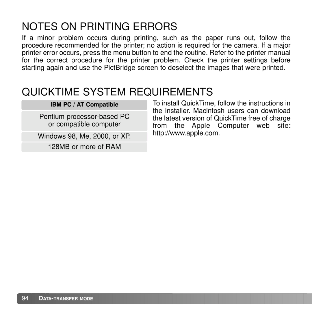 Konica Minolta DiMAGE G600 instruction manual Quicktime System Requirements 