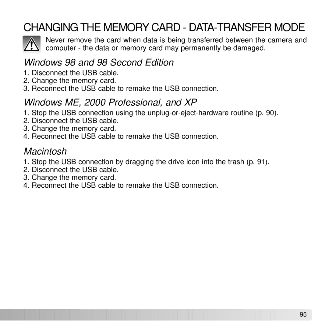 Konica Minolta DiMAGE G600 instruction manual Changing the Memory Card DATA-TRANSFER Mode, Windows 98 and 98 Second Edition 