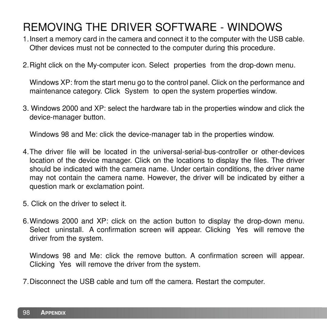 Konica Minolta DiMAGE G600 instruction manual Removing the Driver Software Windows 