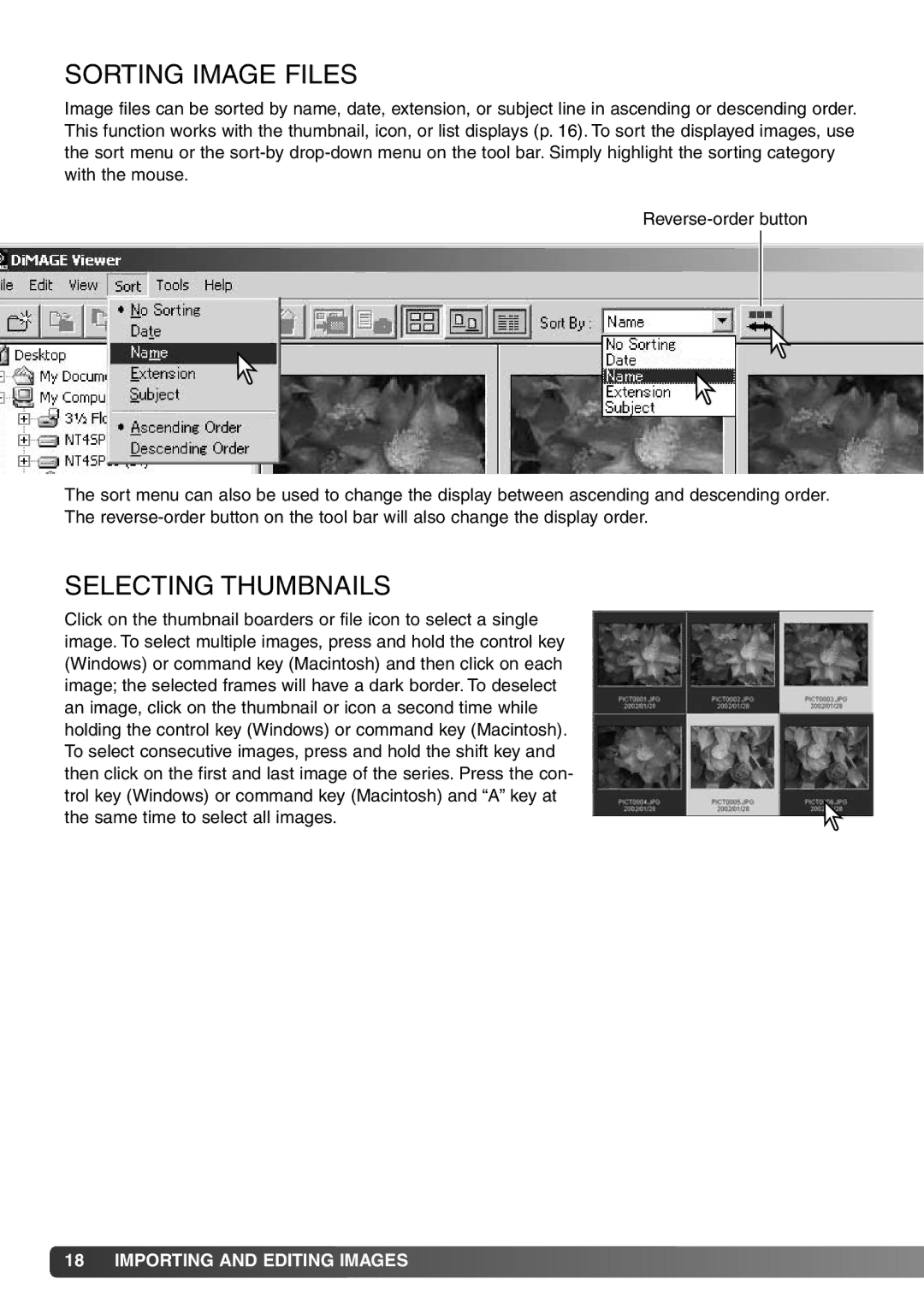 Konica Minolta DiMAGE Viewer instruction manual Sorting Image Files, Selecting Thumbnails 