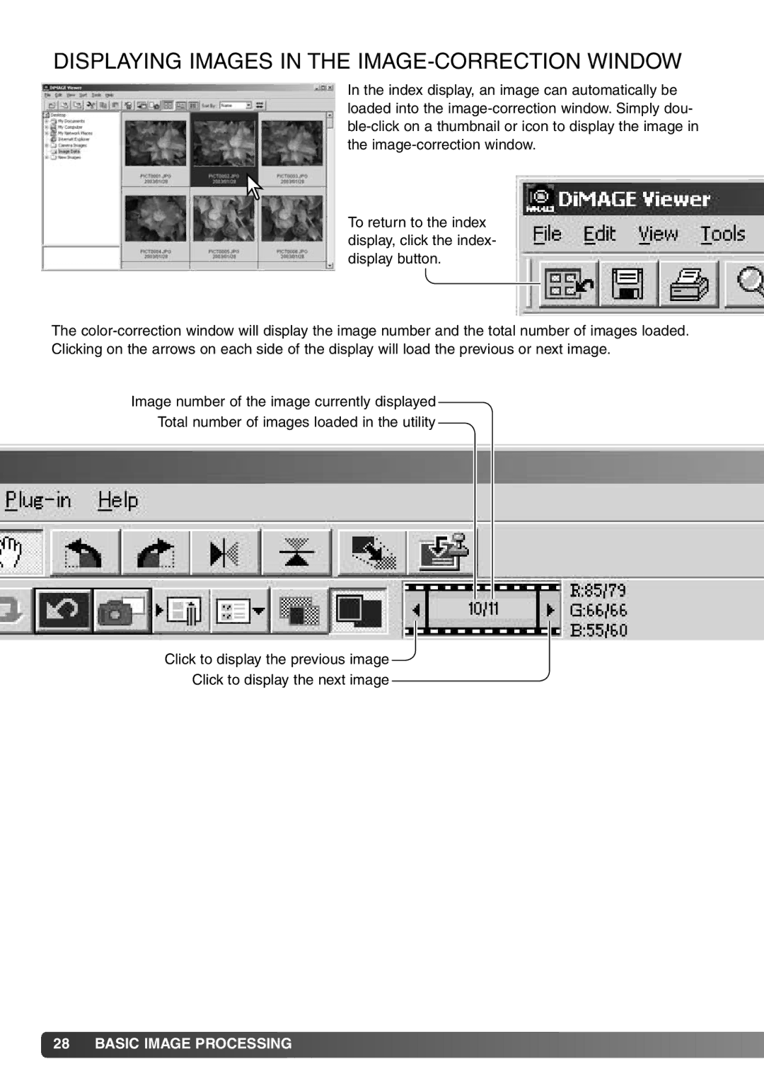 Konica Minolta DiMAGE Viewer instruction manual Displaying Images in the IMAGE-CORRECTION Window 