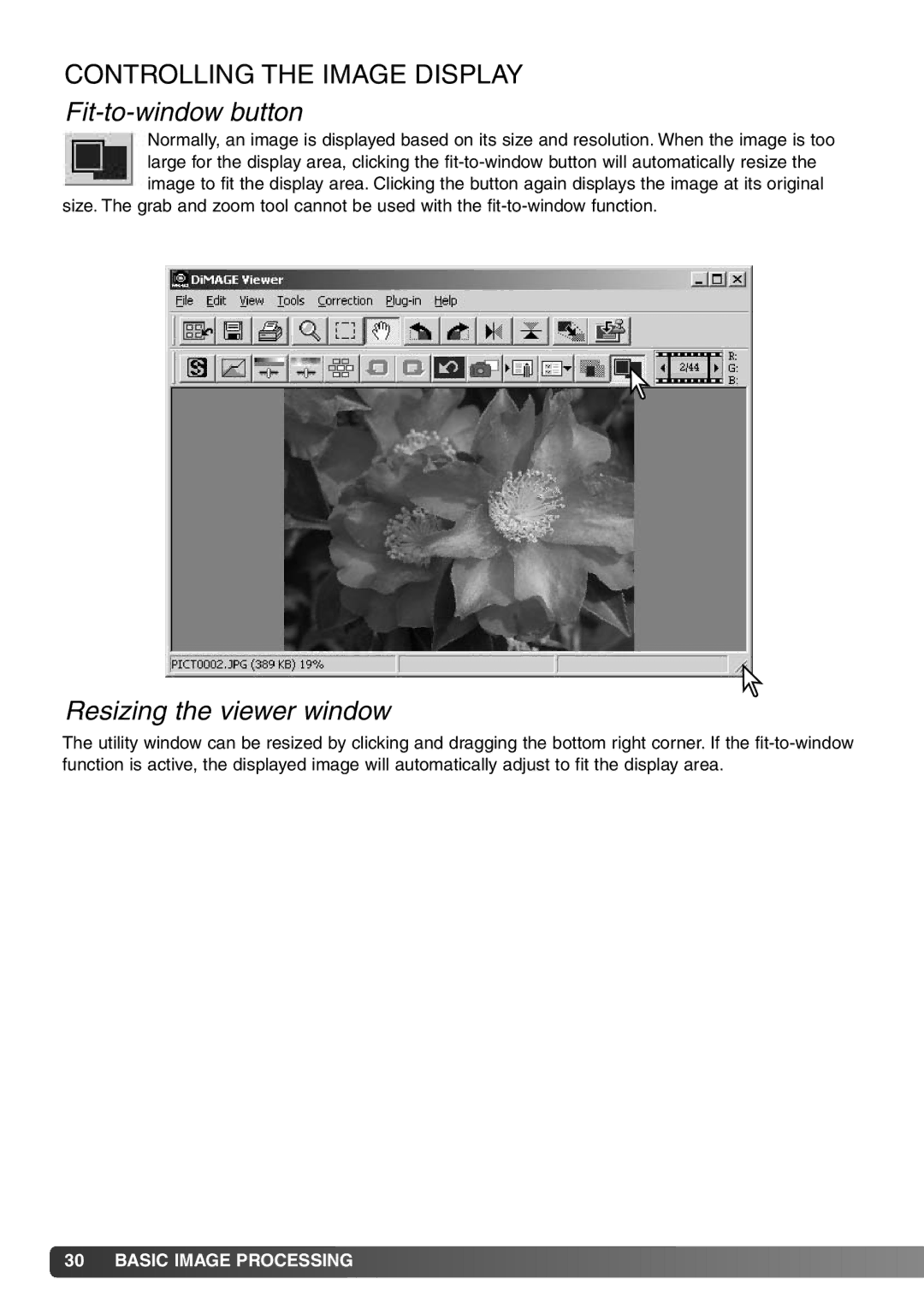 Konica Minolta DiMAGE Viewer Controlling the Image Display, Fit-to-window button, Resizing the viewer window 