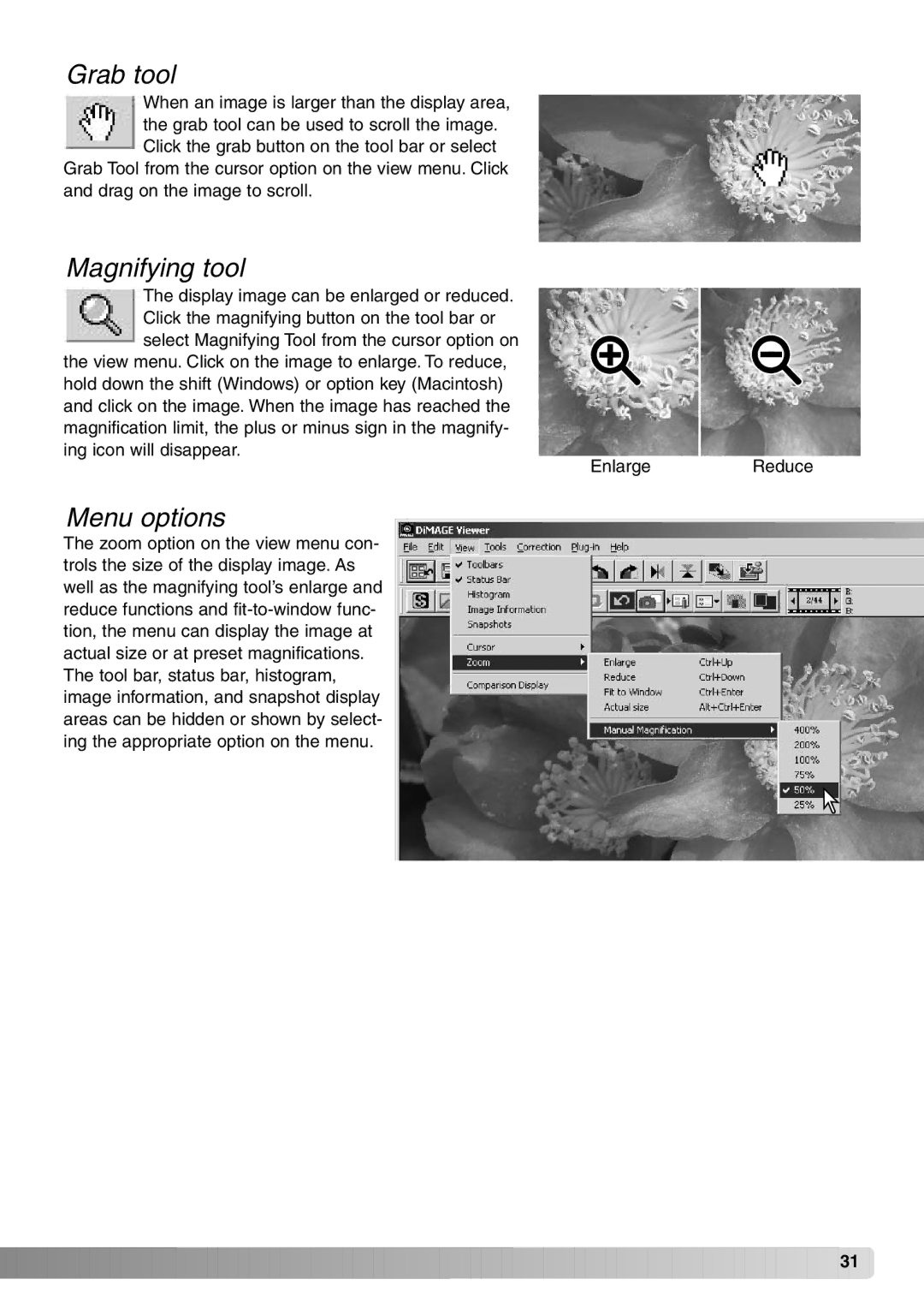 Konica Minolta DiMAGE Viewer instruction manual Grab tool, Magnifying tool, Menu options 